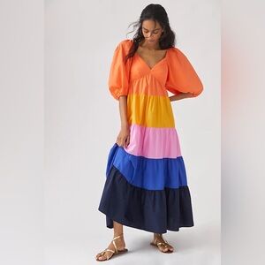 Farm Rio Anthropologie Colorblock Puff Sleeve Maxi Dress sz M